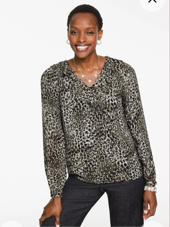 Talbots Tops - Leopard Metallic Swirly Print V-Neck Ruffle Long-Sleeve Top - Black/Silver